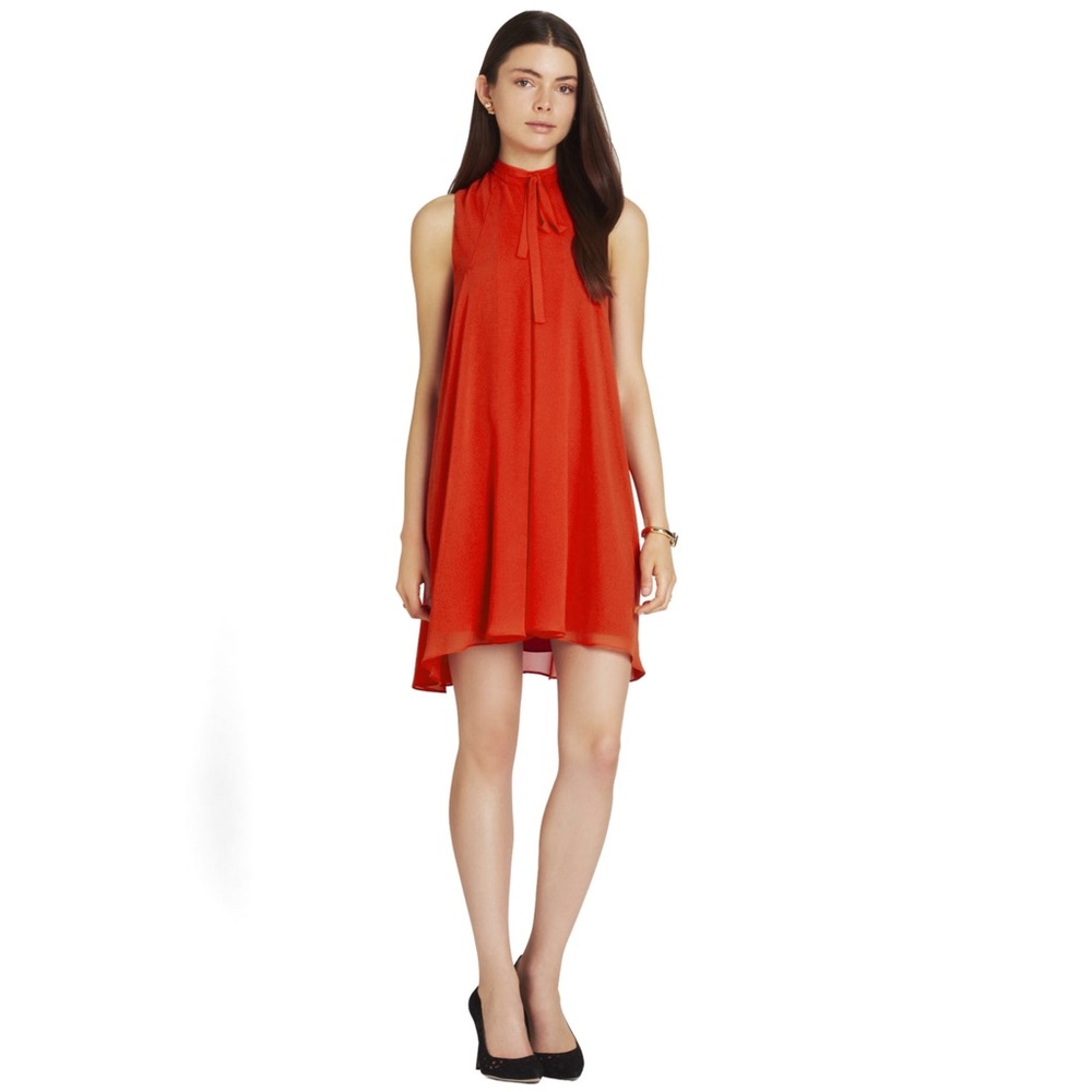 BCBGeneration High-Neck Pleated Dress (Hot Coral)